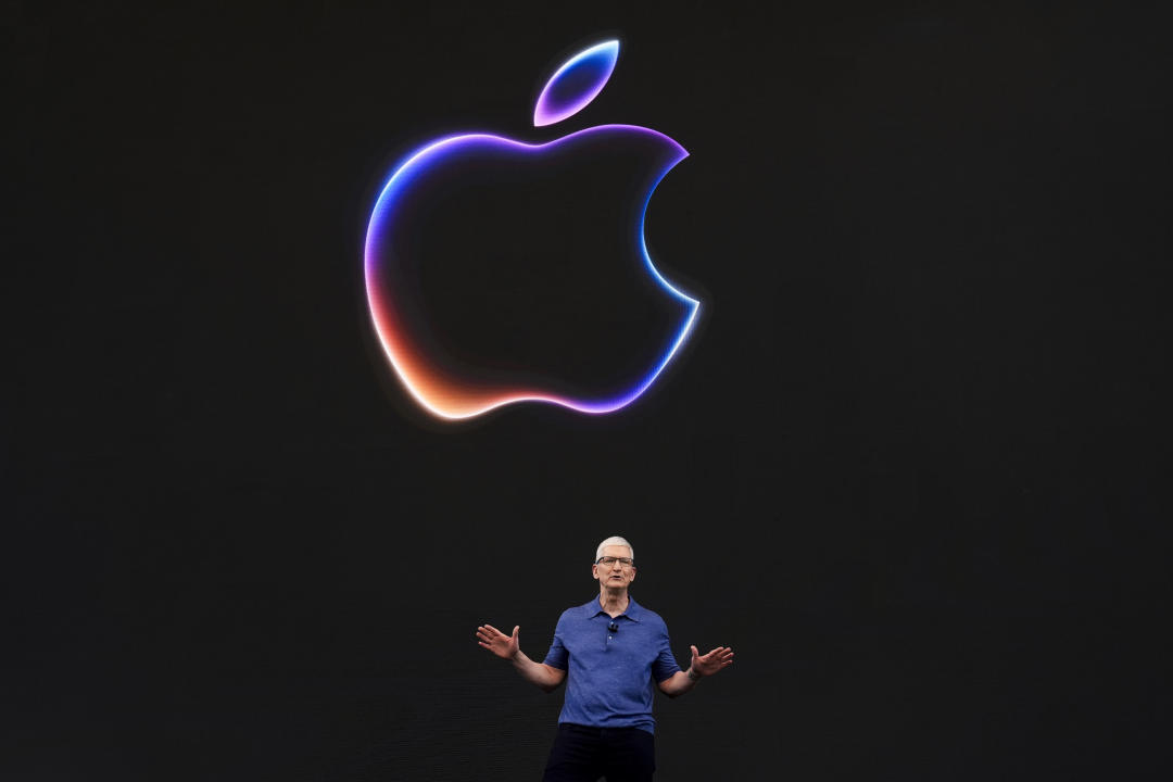 Apple CEO Tim Cook speaks during a new product announcement at Apple's campus in Cupertino, Calif., Monday, June 10, 2024. (AP Photo/Jeff Chiu)